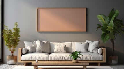 Mock-up of a poster frame with a background of a living room in warm, gray tones in a home..