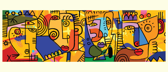 Colorful abstract people face shapes with portraits as a cubism wall art vector illustration. Concept of creative shapes geometric flat person.