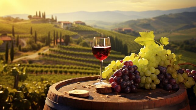 In the lush Tuscany of Italy, a red wine barrel is on a vineyard. .