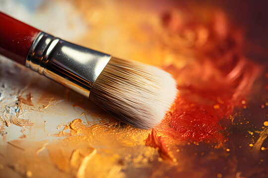 close up of wooden paintbrush with clean bristles on red and yellow painted background, art supplies & creativity 