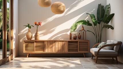 a three-door, hyper-realistic teak and rattan sideboard in a modern tropical mansion..