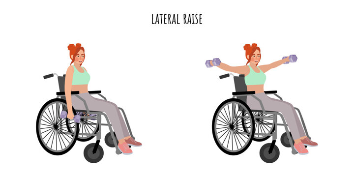 Woman on wheelchair doing lateral raise exercise