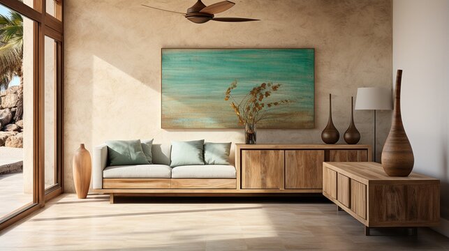 a three-door, hyper-realistic teak and rattan sideboard in a modern tropical mansion..