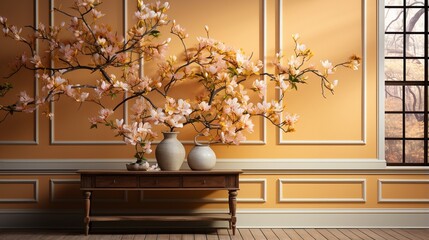a gorgeous space with hand-painted panels and a potted magnolia tree on one wall..