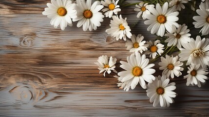Summer chamomile flat lay with daisy blossoms on white wooden backdrop. Birthday, Valentine's Day, Mother's Day, or wedding themes. a top view. Space for copying. .