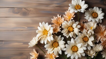 Summer chamomile flat lay with daisy blossoms on white wooden backdrop. Birthday, Valentine's Day, Mother's Day, or wedding themes. a top view. Space for copying. .