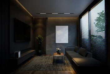 Minimal living room with black tones. 3D illustration rendering