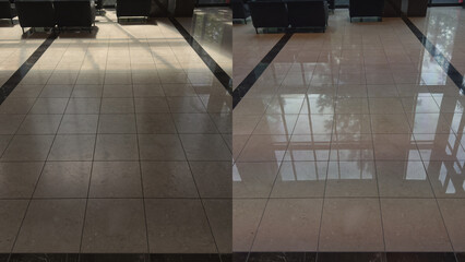 Before and after, polishing an old interior natural marble floor