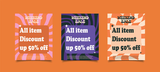 Discount Instagram Stories with Trippy Boxes, Wavy Swirling Seamless Pattern Pack in Orange, Pink, Purple, Black. Hand Drawn Vector Illustration. Seventies Style, Hippie Aesthetic.