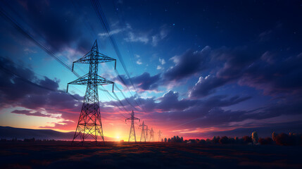arafed power lines in a field at sunset with a sky background Generative AI