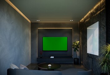 Fototapeta premium Minimal living room with black tones. 3D illustration rendering