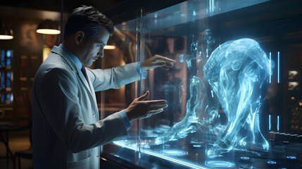 arafed man in a lab coat looking at a glass case with a glowing angel Generative AI