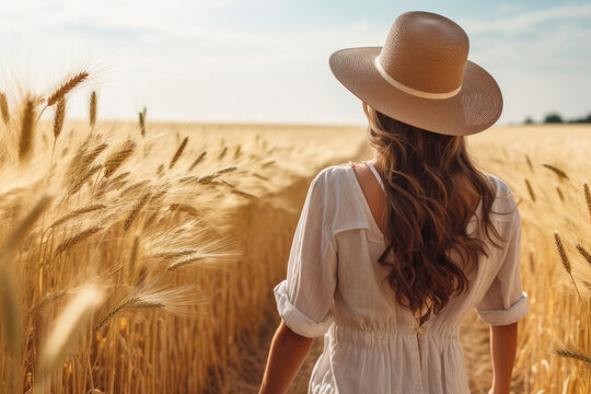 Back view of a woman wearing hat standing in the ripe wheat field - Powered by Adobe