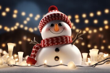 Christmas background with snowman, winter decoration. Generative Ai.