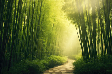 Trail in bamboo grove on sunrise