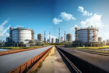 Obraz premium Oil and gas industrial, Oil refinery plant from industry, Refinery Oil storage tank and pipe line steel.