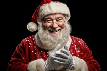 Naklejka premium Close up photo of positive cheerful santa claus looking in camera wearing a red costume hat on background.