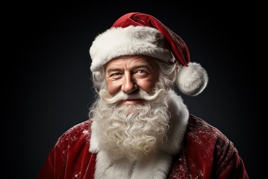 Close up photo of positive cheerful santa claus looking in camera wearing a red costume hat on background.