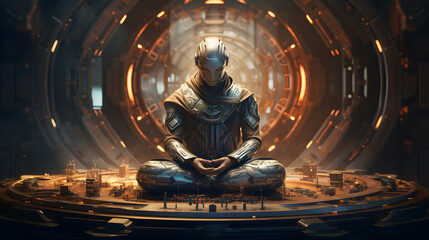 arafed man sitting in a meditation position in a futuristic setting Generative AI