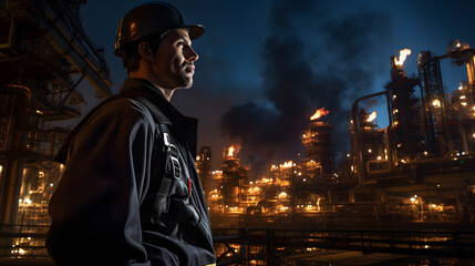 arafed oil refinery worker in front of a large oil refinery Generative AI