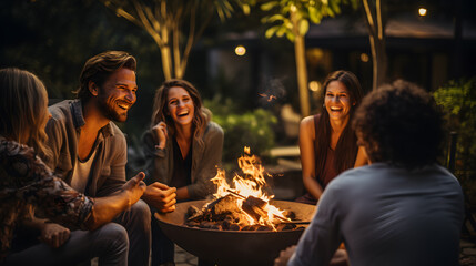 people sitting around a fire pit laughing and laughing Generative AI - obrazy, fototapety, plakaty