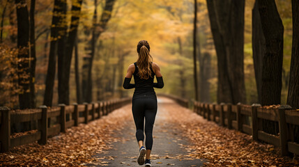 arafed woman running on a path in a park in the fall Generative AI