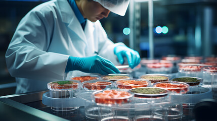 arafed worker in a lab coat and gloves working on a tray of food Generative AI - obrazy, fototapety, plakaty