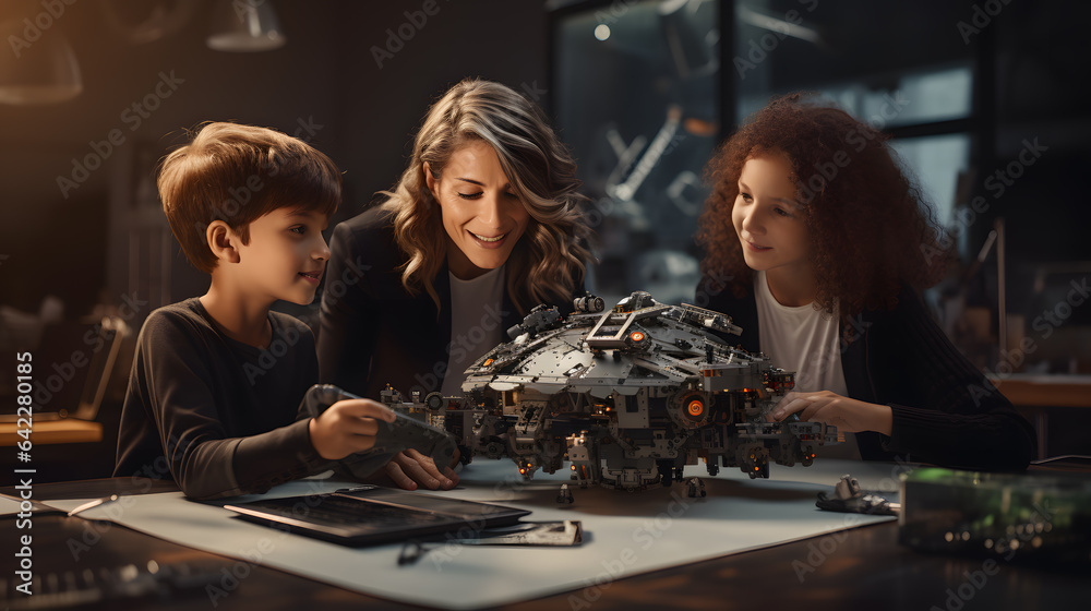 Sticker there are two women and a boy looking at a model of a spaceship generative ai
