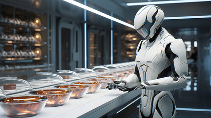 Obraz premium there is a robot that is standing in front of a counter Generative AI