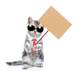 Smart kitten wearing sunglasses and necktie standing on hind legs and shows empty placard. isolated on white background