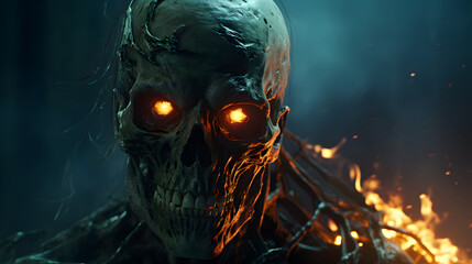 a close up of a skeleton with glowing eyes and a burning head Generative AI