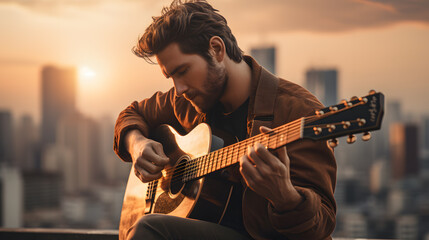 arafed man playing guitar on a rooftop overlooking a city Generative AI