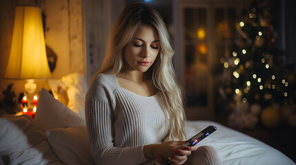 blonde woman sitting on bed looking at cell phone in dark room Generative AI