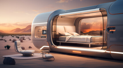 there is a futuristic bedroom with a bed and a chair in the desert Generative AI