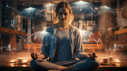 woman sitting in lotus position with glowing bubbles in background Generative AI