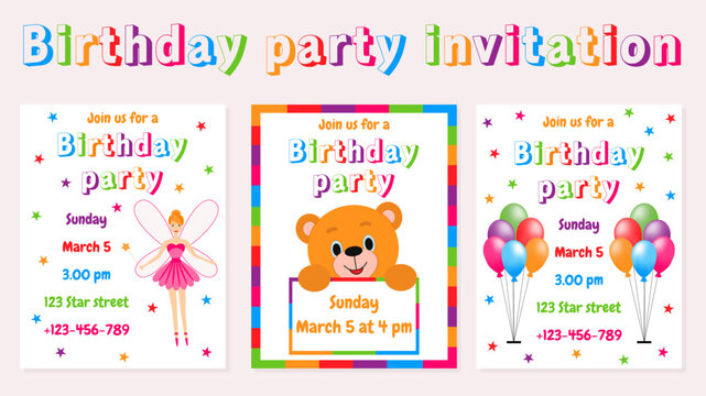 Vector illustration. Collection of invitation cards for children's birthday. Multicolored balloons, teddy bear, fairy.