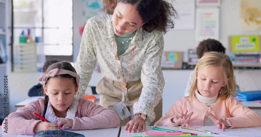 Poster help, education and woman in a classroom, children and explain with studying, conversation and knowl