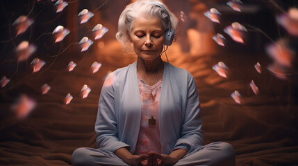 there is a woman sitting in a lotus position with headphones on Generative AI
