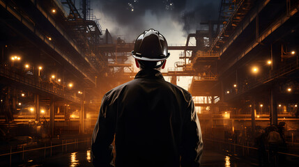 Obraz premium there is a man in a fireman's hat standing in a factory Generative AI