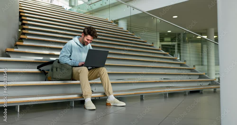 Poster laptop, assignment and student man on a staircase at university for education, learning or study. co