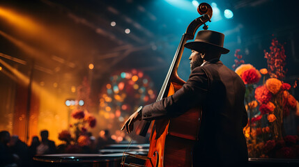 Fototapeta premium there is a man that is playing a cello in a room Generative AI