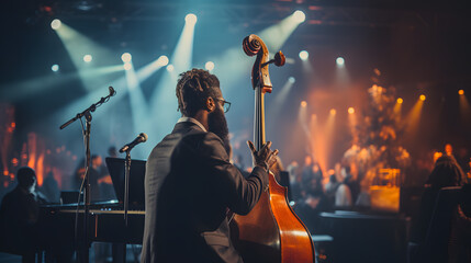 Fototapeta premium there is a man that is playing a bass in a concert Generative AI