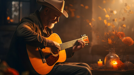 Obraz premium there is a man that is playing a guitar in a room Generative AI