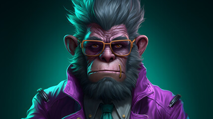 a close up of a monkey wearing a purple jacket and tie Generative AI