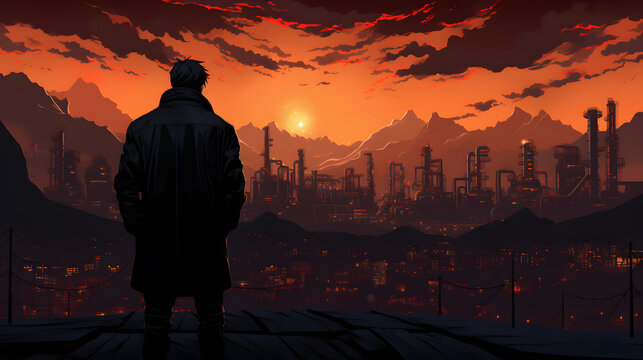 Anime Style Illustration Of A Man Standing On A Rooftop Overlooking A City Generative AI