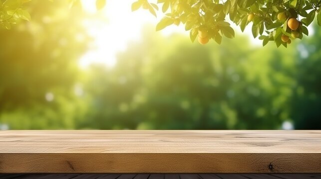 wooden table on green background
