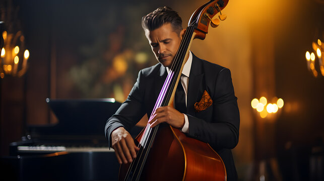 arafed man in a suit playing a cello in a dimly lit room Generative AI