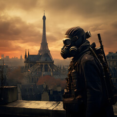 arafed man in gas mask and gas mask standing on a ledge Generative AI