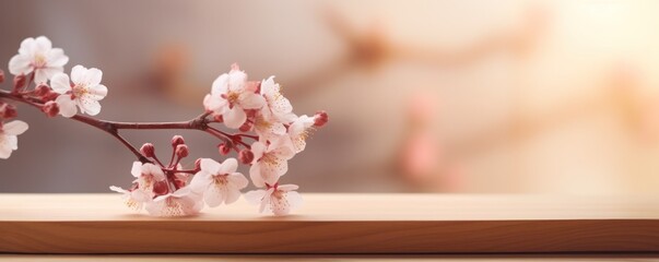 Empty wooden table for product display showcase stage with spring cherry blossom background - obrazy, fototapety, plakaty