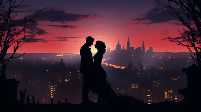 silhouette of a couple kissing in the city at night Generative AI